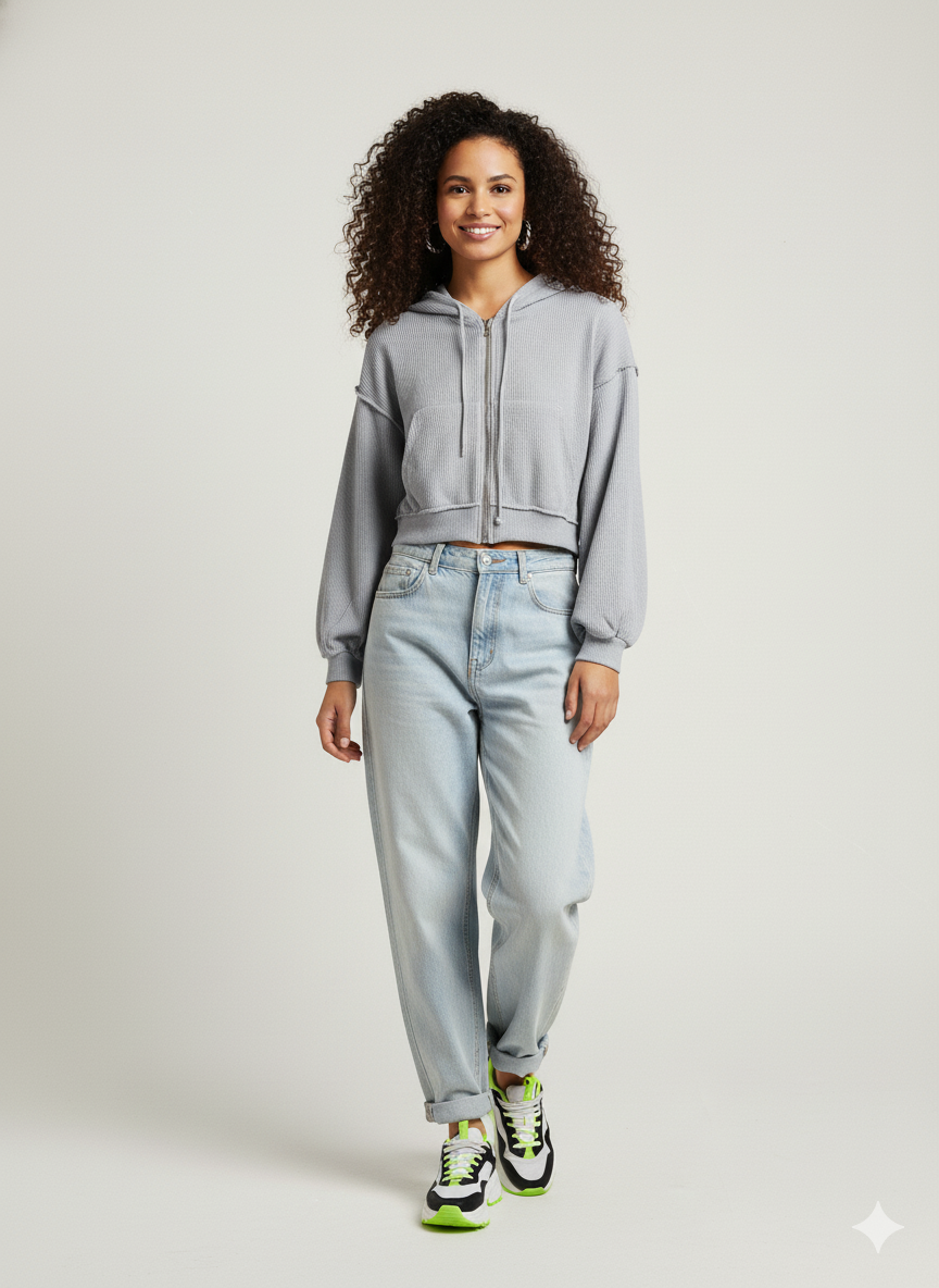 Women’s Greyish blue Cropped Zip-Up Hoodie