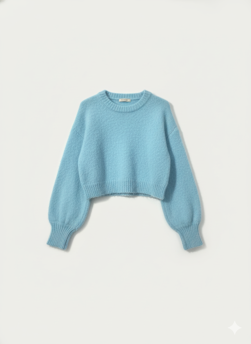 Women’s Sky Blue Cropped Knit Sweater with Balloon Sleeves