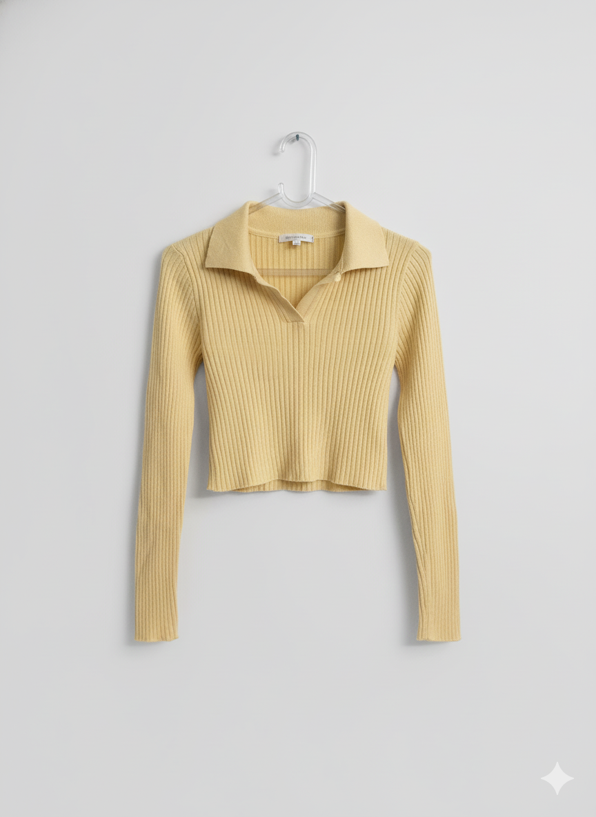Women’s Mustard Yellow Ribbed Collared Crop Top