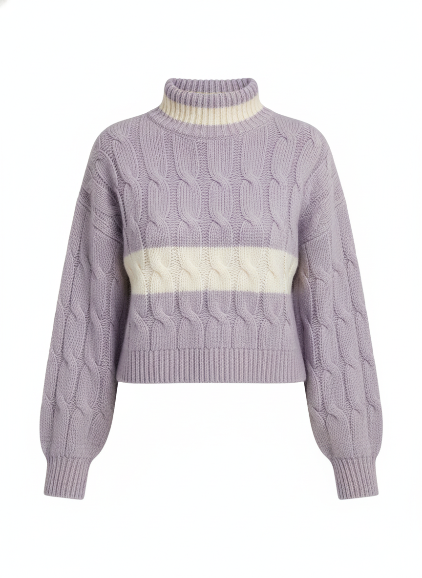Women’s Lavender Cable Knit High-Neck Sweater