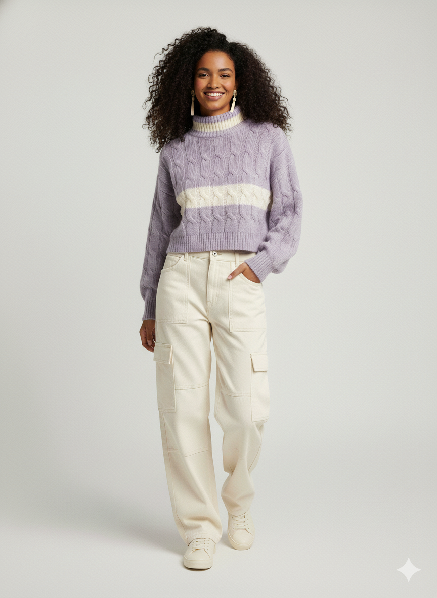 Women’s Lavender Cable Knit High-Neck Sweater